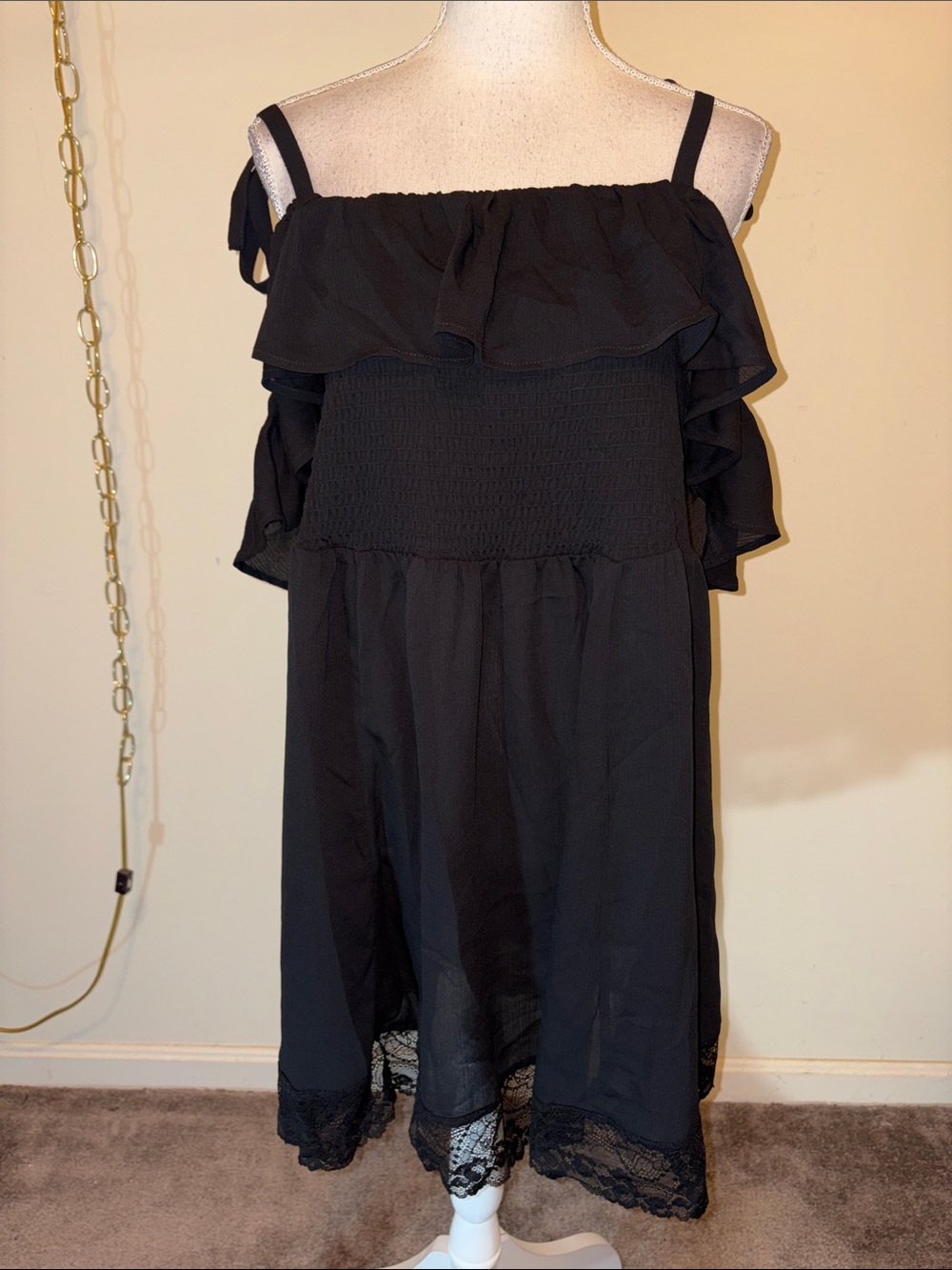 Torrid black smocked cold shoulder mini ruffle lace trim coverup dress - Picture 5 of 11